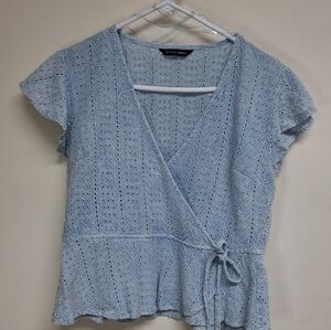 Style Envy Blue Flutter Sleeve Wrap Blouse S/M